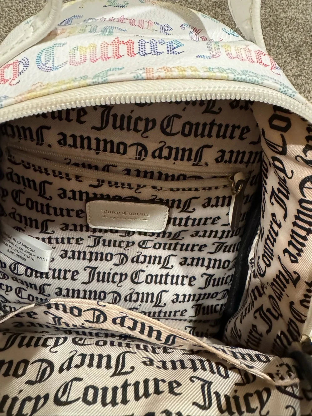 Juicy Couture White Multicolor Monogram Logo Backpack